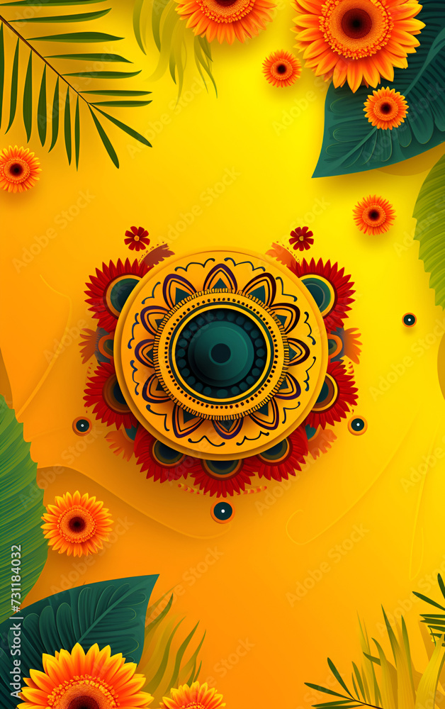 Fototapeta premium Vibrant Onam Festival Background with Sunflowers and Traditional Pookalam Design, a Vivid Yellow Celebration Theme, Ideal for Invitations and Cultural Event Promotion