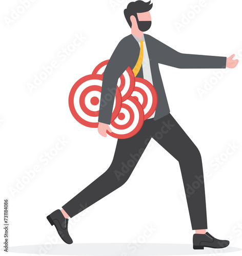 Handle multiple businesses simultaneously, multi purpose or multitasking, side hustle or side job concept, confident businessman carrying many dartboard target.

