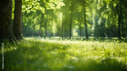 Serene forest clearing bathed in sunlight  bordered by tall  sturdy trees. Sunlit forest clearing with lush green grass and trees.