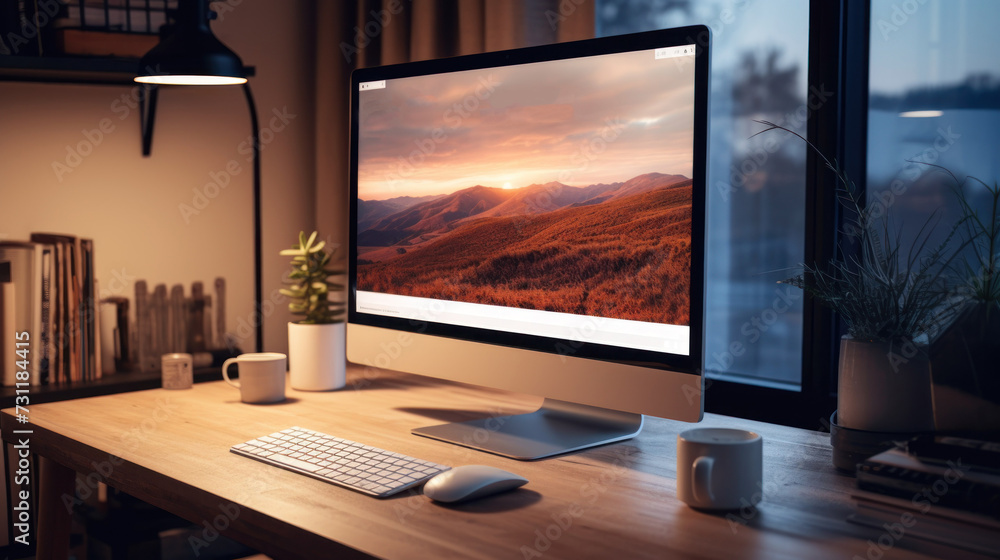 Fototapeta premium Modern workspace with computer displaying a scenic mountain view
