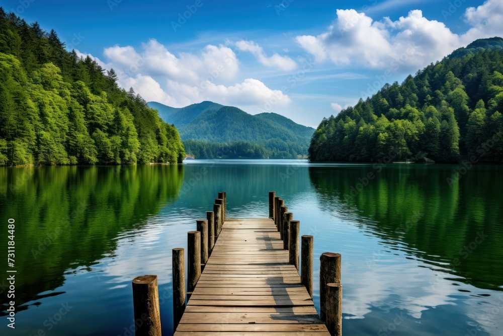 Breathtaking view from wooden dock of serene lake nestled amidst vibrant greenery and towering mountains.