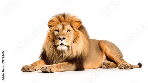 Close up of lion laying down on white surface with white background.  