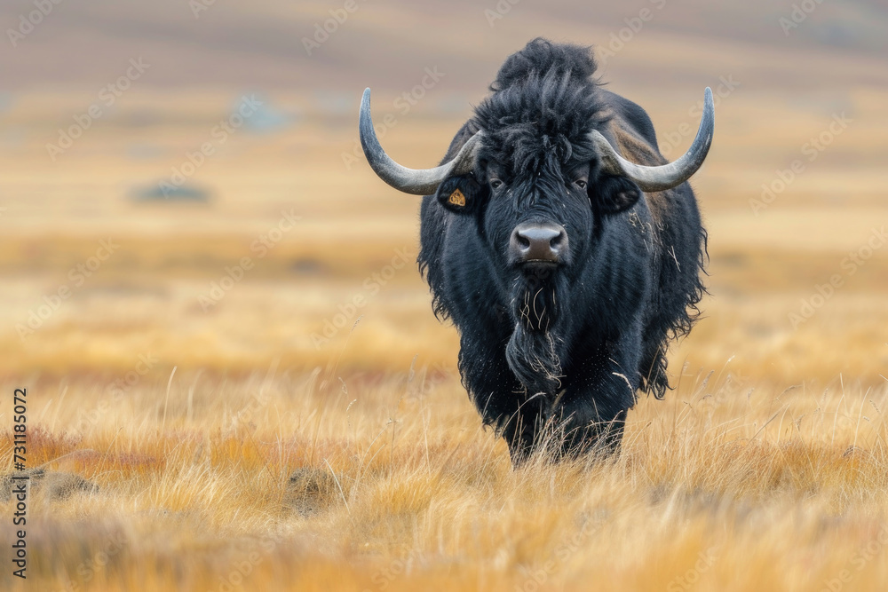 A yak buffalo strides across the vast, open plains