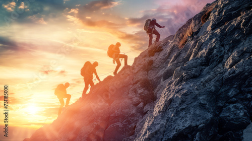 Determined Climbers Ascending Mountain at Sunset © esp2k