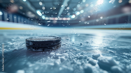 Skating rink arena inside, flying ice, hockey puck close up