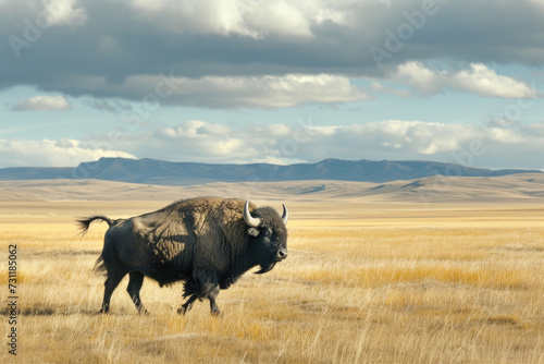 A yak buffalo strides across the vast  open plains