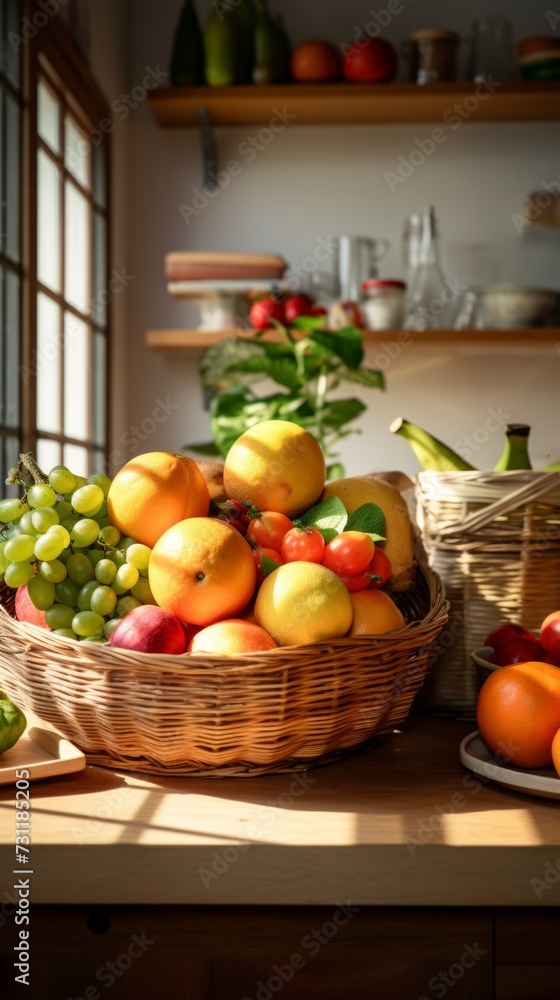 A wooden table with a rustic design is adorned with a basket filled with an assortment of vibrant and fresh fruits. Generative AI A wooden table with a rustic design is adorned with a basket filled with an assortment of vibrant and fresh fruits. Generative AI