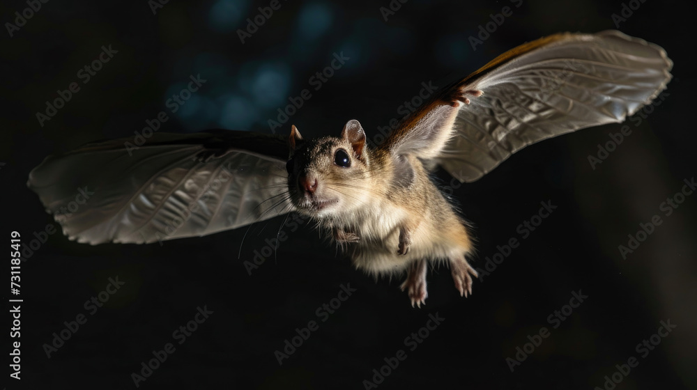 North American flying squirrel soaring under moonlight