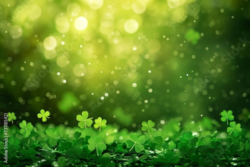 Abstract green blurred background with clovers and round bokeh for st patrick's day celebration photo