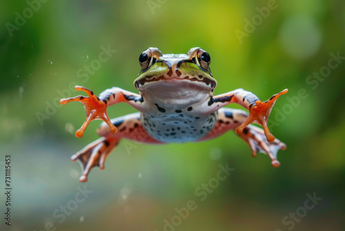 A frog with a humorous expression, mid-jump