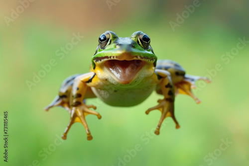 A frog with a humorous expression, mid-jump