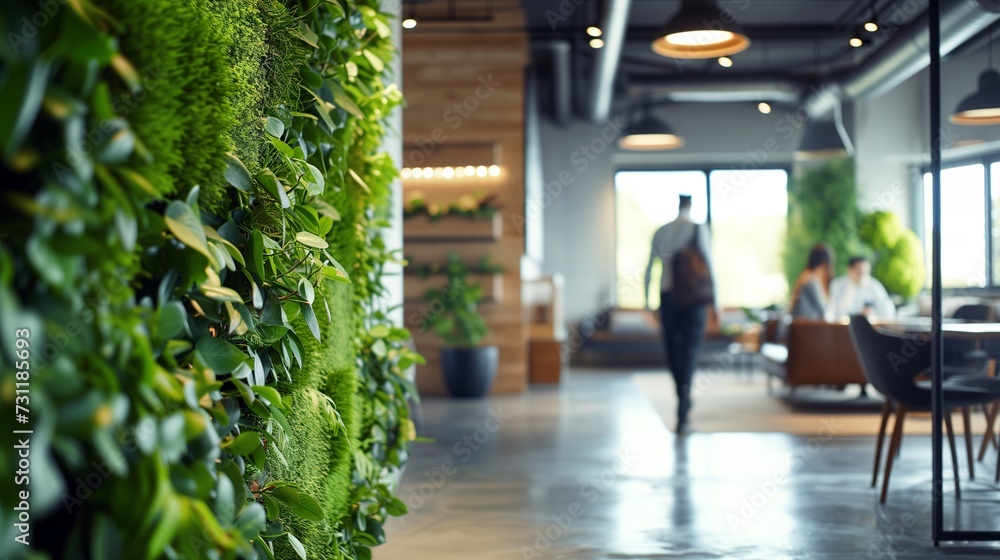A modern, eco-friendly office environment promoting employee health, featuring a lush living green wall, natural light, and ergonomic furniture designed for comfort and productivity. - obrazy, fototapety, plakaty 