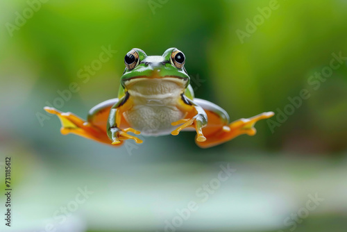A frog with a humorous expression  mid-jump