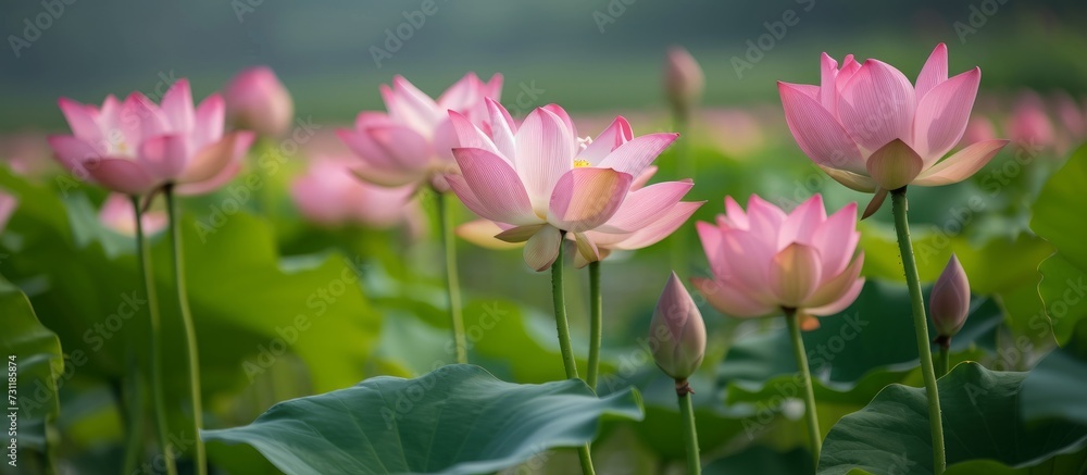 A natural landscape with pink lotus flowers blooming amidst green leaves and water, creating a beautiful scene of aquatic plants and herbaceous plants. A natural landscape with pink lotus flowers blooming amidst green leaves and water, creating a beautiful scene of aquatic plants and herbaceous plants.