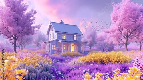 Fantastical Composition, Pastel House Surrounded by Flowering Trees in Light Violet and Yellow Hues