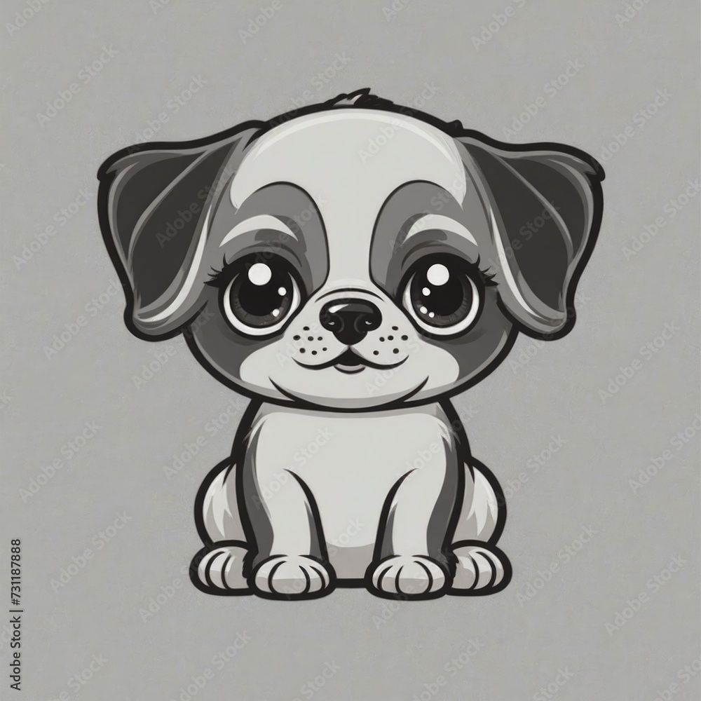 Black outline flat logo of a lovable little puppy with big eyes, rendered in vector illustration