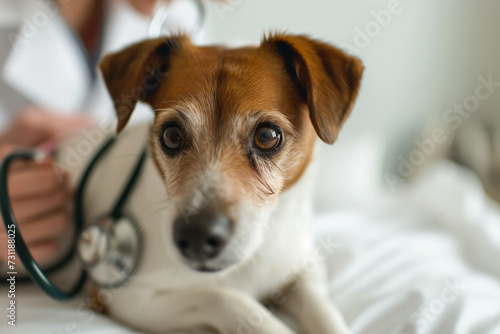 Attentive small dog with a stethoscope in a vet consultation scene