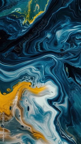 Fluid Abstract Background with Blue, Yellow, and White Swirls Overlaying Dark Blue and Green Abstraction Lines