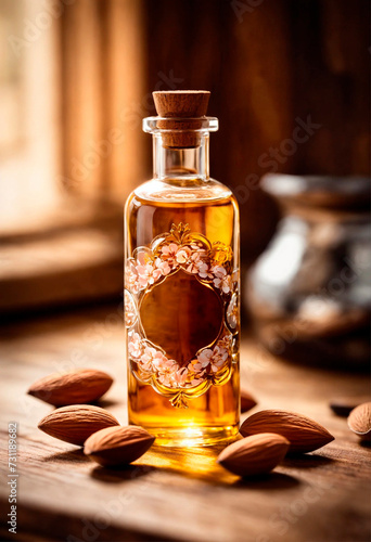 Wallpaper Mural almond essential oil in a bottle. Selective focus. Torontodigital.ca