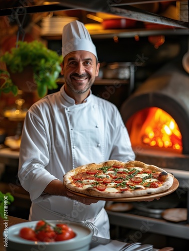 Friendly cheerful chef in a traditional italian restaurants kitchen wtih vintage furnace in the background. Portrait. Job and profession.