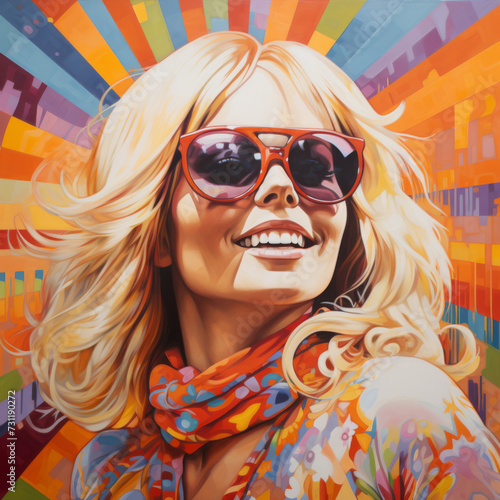 Cheerful Blonde Woman in Sunglasses, 1970s Psychedelic Style 