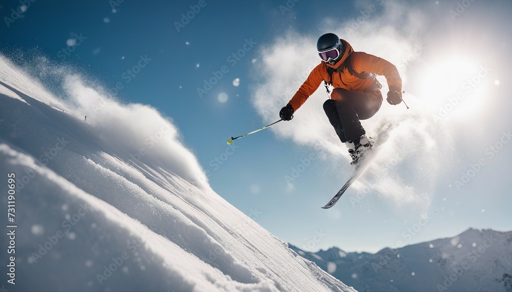 A skier jumps in the snowy mountains on a sunny day, with dense clouds of snow, dust and clouds flying behind him.