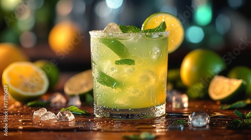 Lemon Caipirinha on a wooden counter - Dark background 