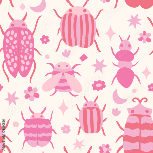 Seamless vector pattern with cute bugs, insect and floral elements. Doodle botanical summer background.