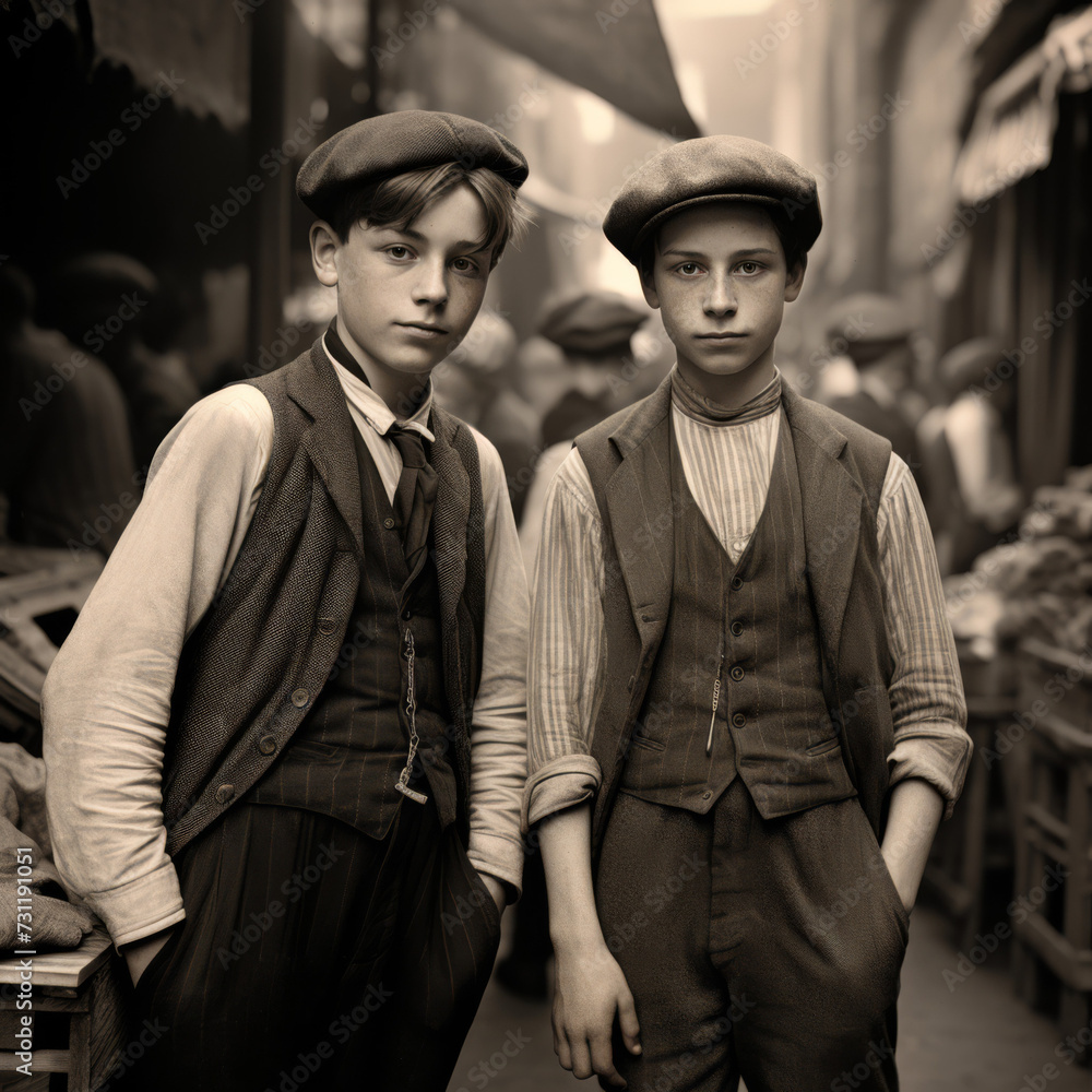 Victorian Era Stylish Teen Boys Market Portrait in Black and White
