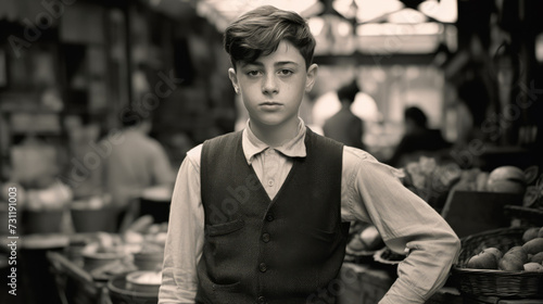 Black and White Victorian Era Portrait of Teen Boy in Market 