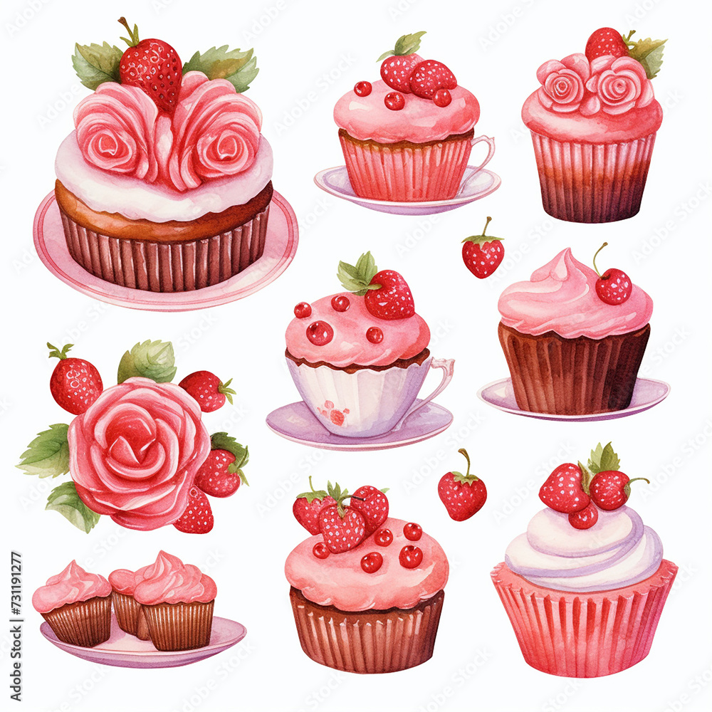 Valentine's day red pink hearts cakes sweets and flowers set watercolor on white background Valentine's day red pink hearts cakes sweets and flowers set watercolor on white background