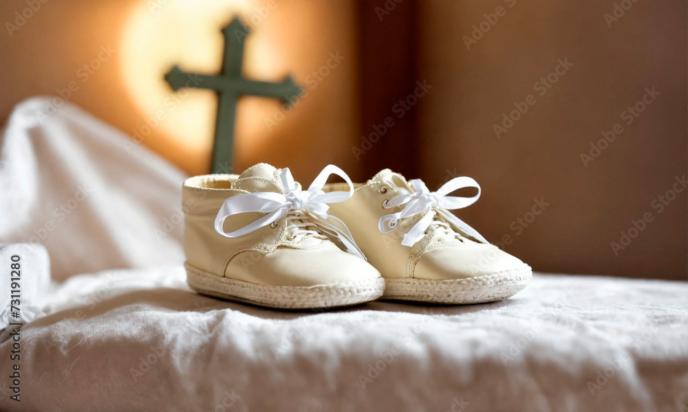 baby booties and a cross for baptism. Selective focus. - obrazy, fototapety, plakaty 
