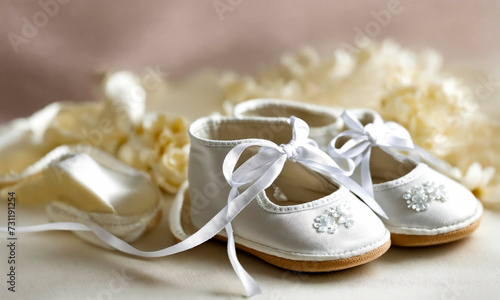 baby booties and a cross for baptism. Selective focus.