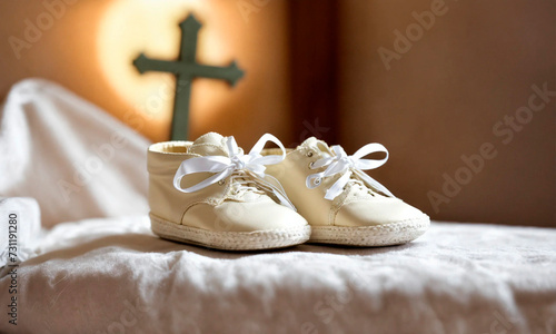 baby booties and a cross for baptism. Selective focus.