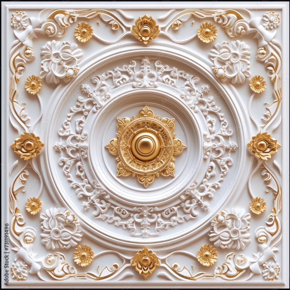 Victorian-style decorative frame background with white-golden 3D wallpaper for the ceiling, creating an elegant ambiance.