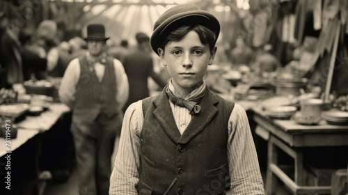 Antique Victorian Era Market Photograph Featuring Young Boy 