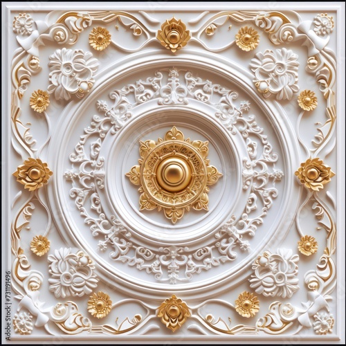 Victorian-style decorative frame background with white-golden 3D wallpaper for the ceiling, creating an elegant ambiance. © Matthew