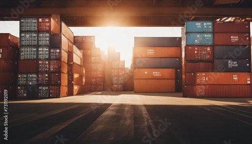 sunlight coming through cargo containers in a commercial harbour
 photo