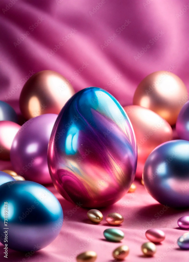 holographic Easter eggs on a shiny background. Selective focus. holographic Easter eggs on a shiny background. Selective focus.