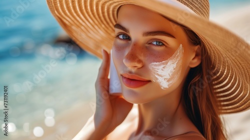 Young woman applies sunscreen on her face, highlighting the importance of skin protection against harmful UV rays for maintaining healthy, youthful skin during sunny days.