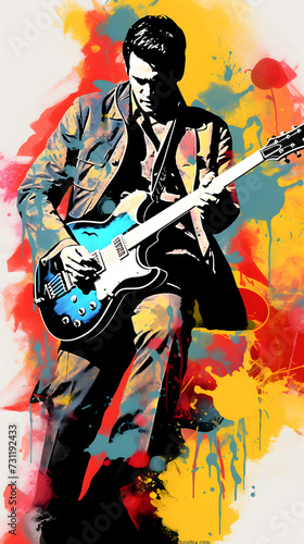 Rock n roll popart, pop art of guitarist, guitar illustration