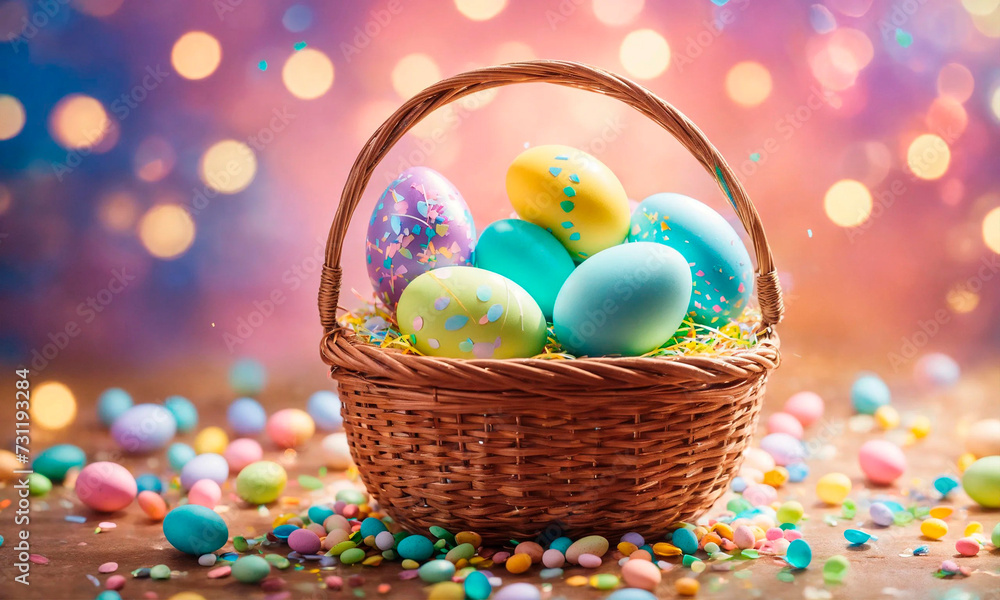 multi-colored Easter eggs in a basket. Selective focus. multi-colored Easter eggs in a basket. Selective focus.