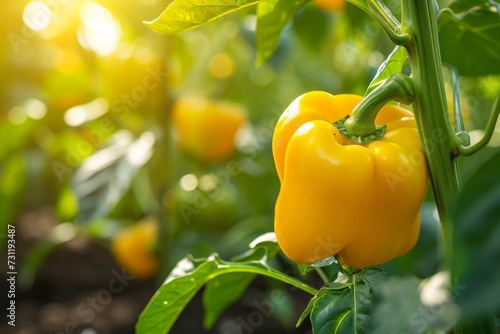 Growing yellow bell pepper harvest and producing vegetables cultivation. Concept of small eco green business organic farming gardening and healthy food