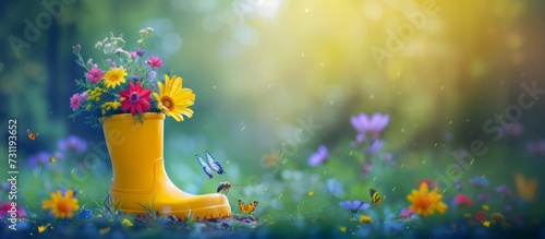 Yellow rubber boot with spring flowers inside and butterflies around on blurred nature spring background, concept of the arrival and celebration of spring, banner with copyspace photo