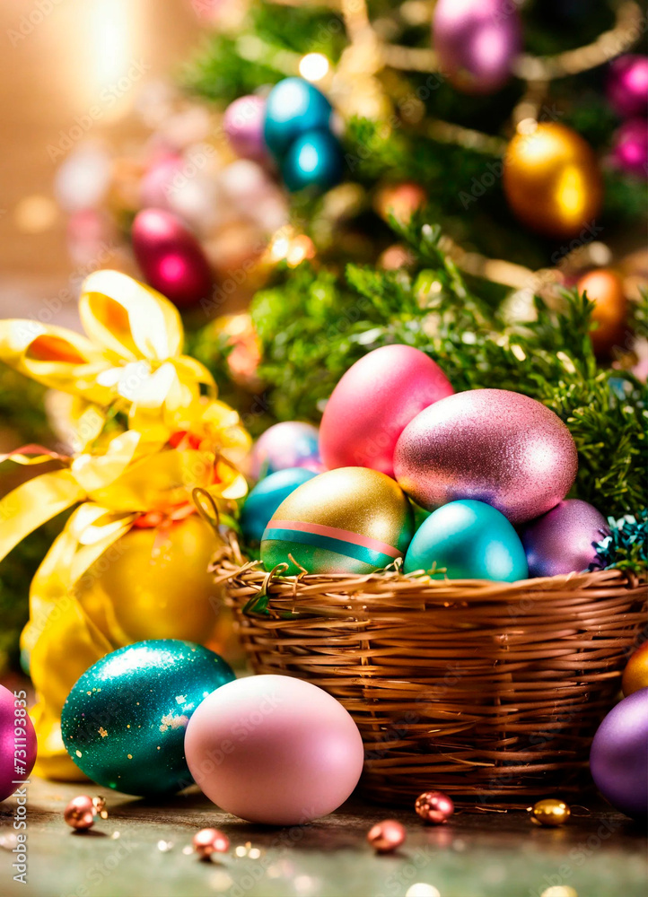 multi-colored Easter eggs in a basket. Selective focus. multi-colored Easter eggs in a basket. Selective focus.