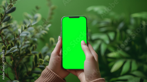 Hand of girl's holding a smartphone with green chroma key screen. Template for online store or social media