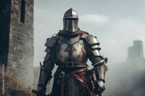 Medieval knight in armor stands near castle with copy space. Historical reconstruction