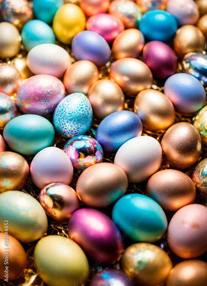 holographic Easter eggs on a shiny background. Selective focus. holographic Easter eggs on a shiny background. Selective focus.