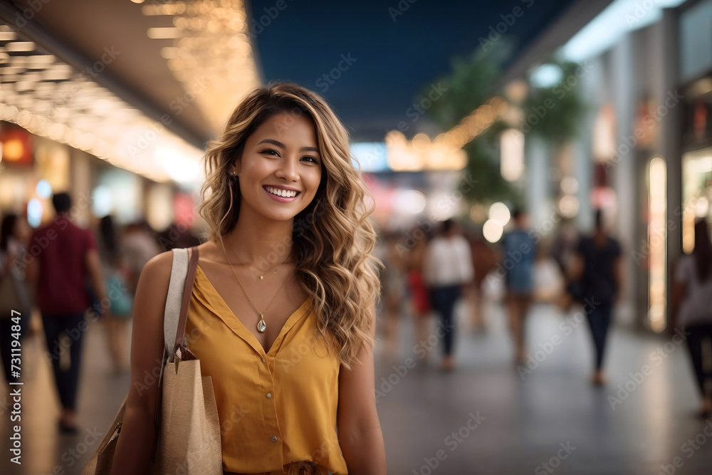 Happy, smiling young woman shopping in a mall with shopping bags. Consumerism, lifestyle concept, copyspace. Happy, smiling young woman shopping in a mall with shopping bags. Consumerism, lifestyle concept, copyspace.
