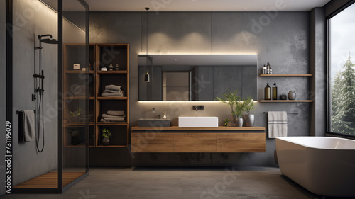 Modern  elegant bathroom interior with a minimalist design featuring a freestanding bathtub  double vanity  walk-in shower  dark tiled walls  wooden accents  and a large mirror illuminated.
